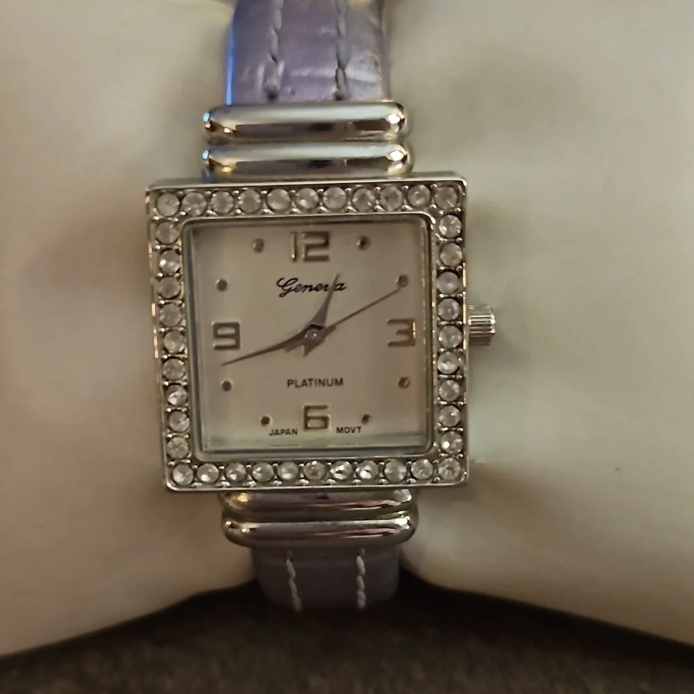 GENEVA Square Face Rhinestone Metallic Lavendar Cuff Watch